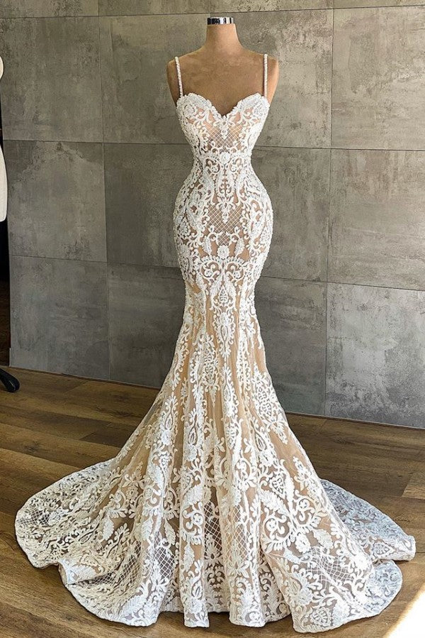 Elegant Lace Wedding Dress - Mermaid Spaghetti-Straps Champagne Sleeveless