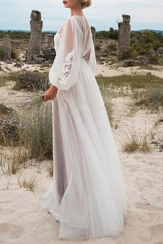 Elegant Long A-line Tulle Lace Wedding Dress with Bubble Sleeves