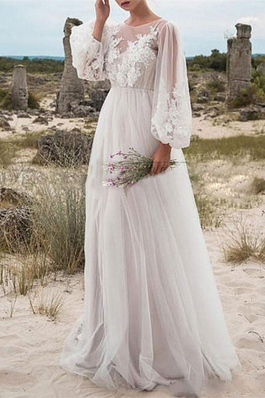 Elegant Long A-line Tulle Lace Wedding Dress with Bubble Sleeves