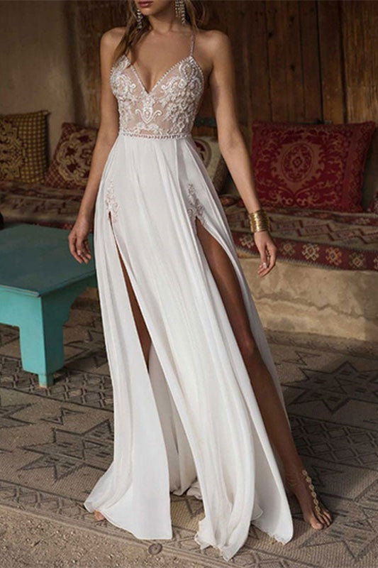 Elegant Long A-line V-neck Chiffon Lace Backless Wedding Dress with Split