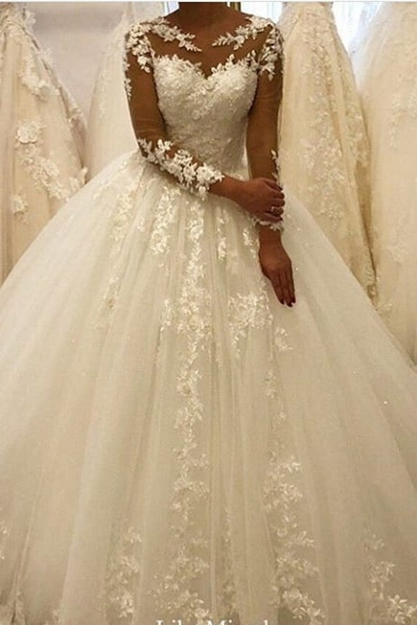 Elegant Long Sleeves Appliques Wedding Dress with Chic Lace Ruffles