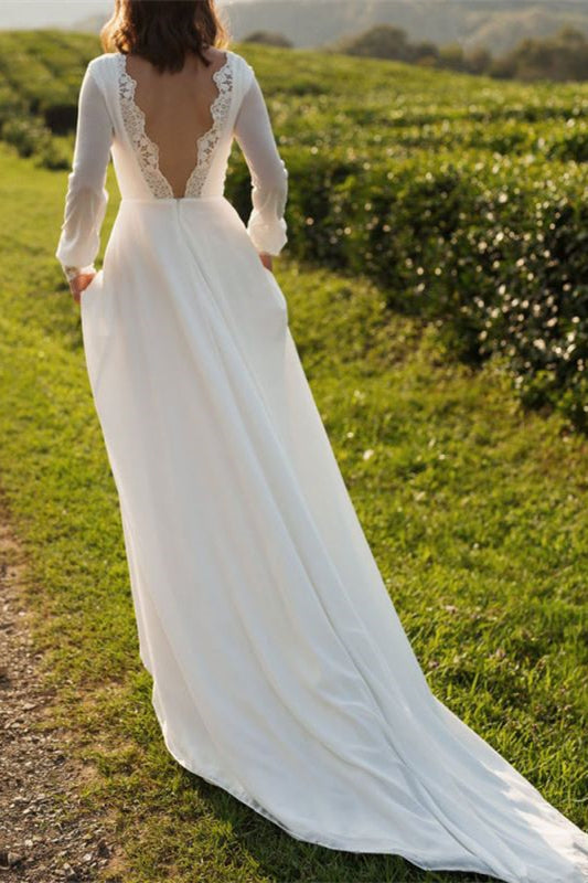 Elegant Long Sleeves Tulle Bateau Boho Wedding Dress A Line Open Back