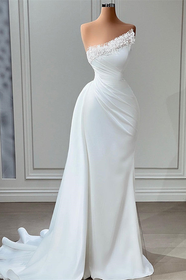 Elegant Strapless Satin Mermaid Wedding Dress with Pearls