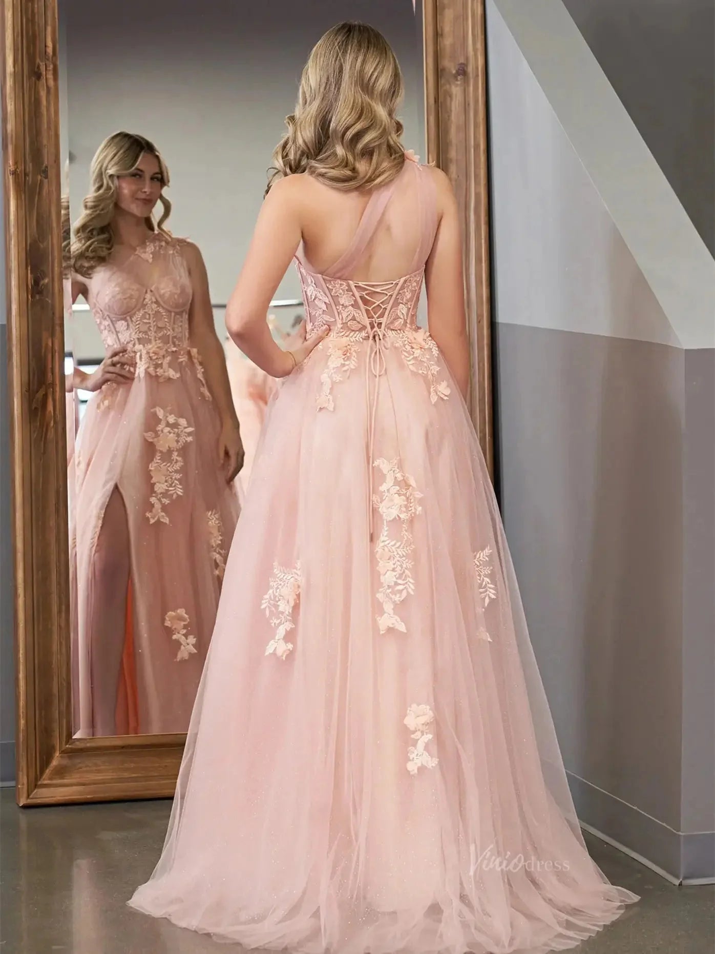 Elegant Tulle Lace Prom Dresses 2025 One Shoulder Formal Gown with Slit - FD5158C