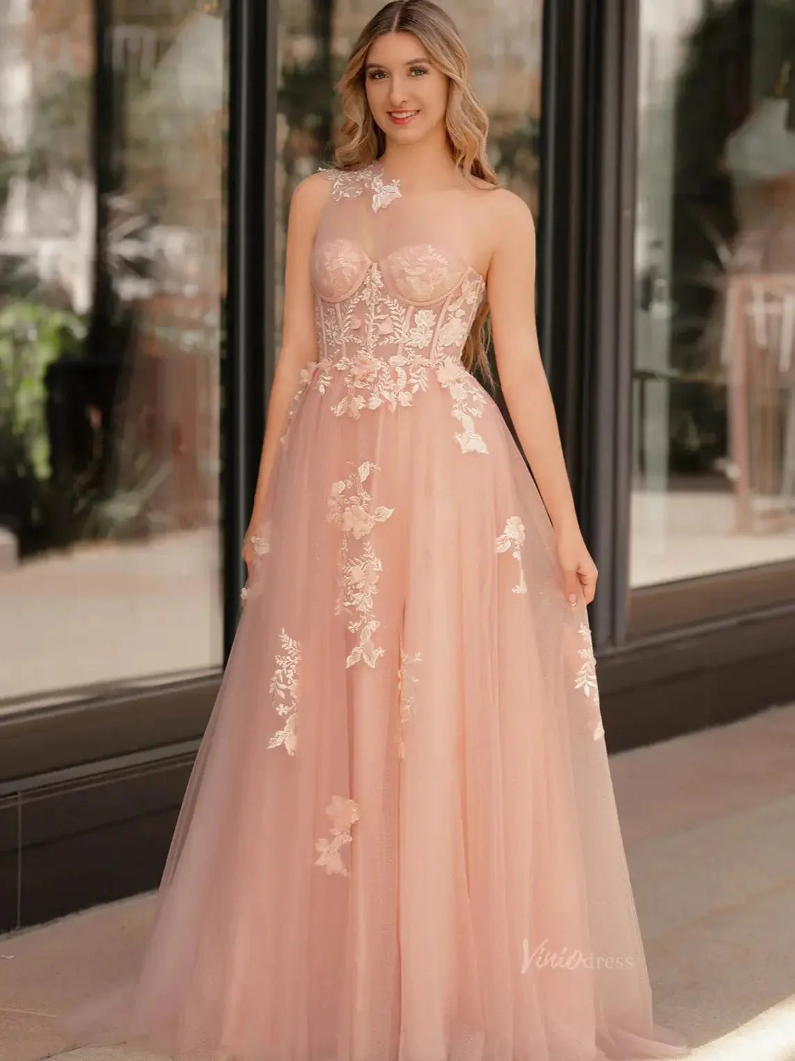 Elegant Tulle Lace Prom Dresses 2025 One Shoulder Formal Gown with Slit - FD5158C