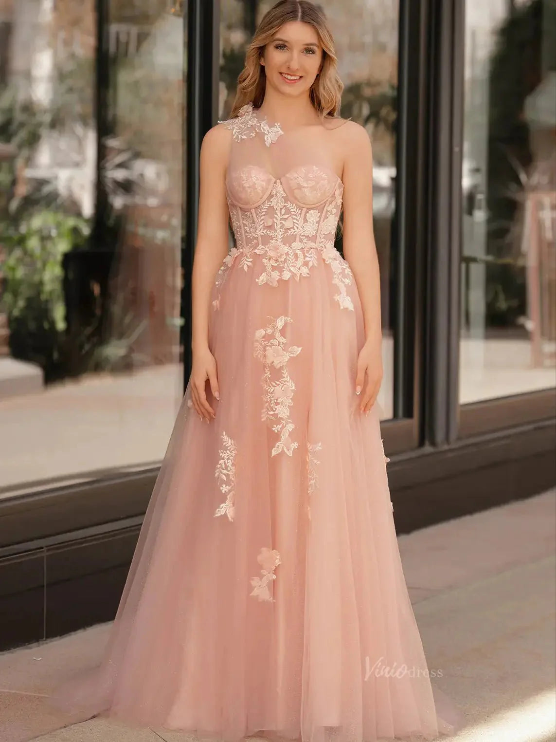 Elegant Tulle Lace Prom Dresses 2025 One Shoulder Formal Gown with Slit - FD5158C