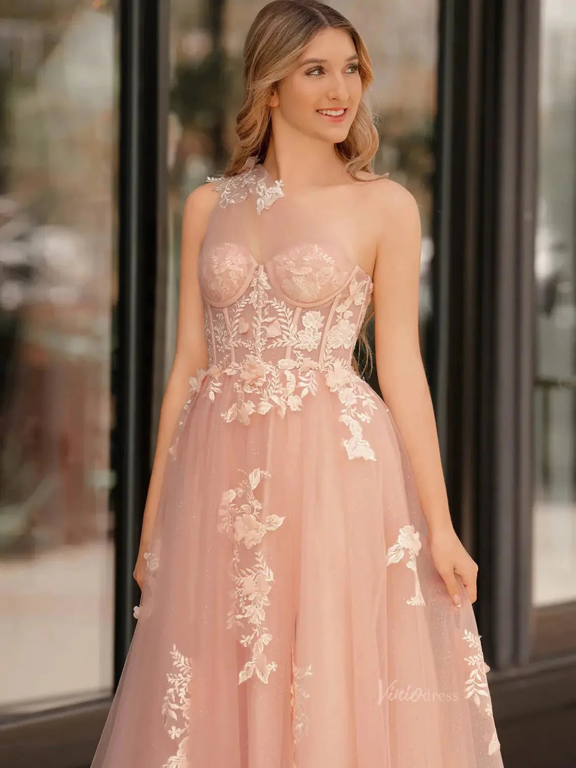 Elegant Tulle Lace Prom Dresses 2025 One Shoulder Formal Gown with Slit - FD5158C