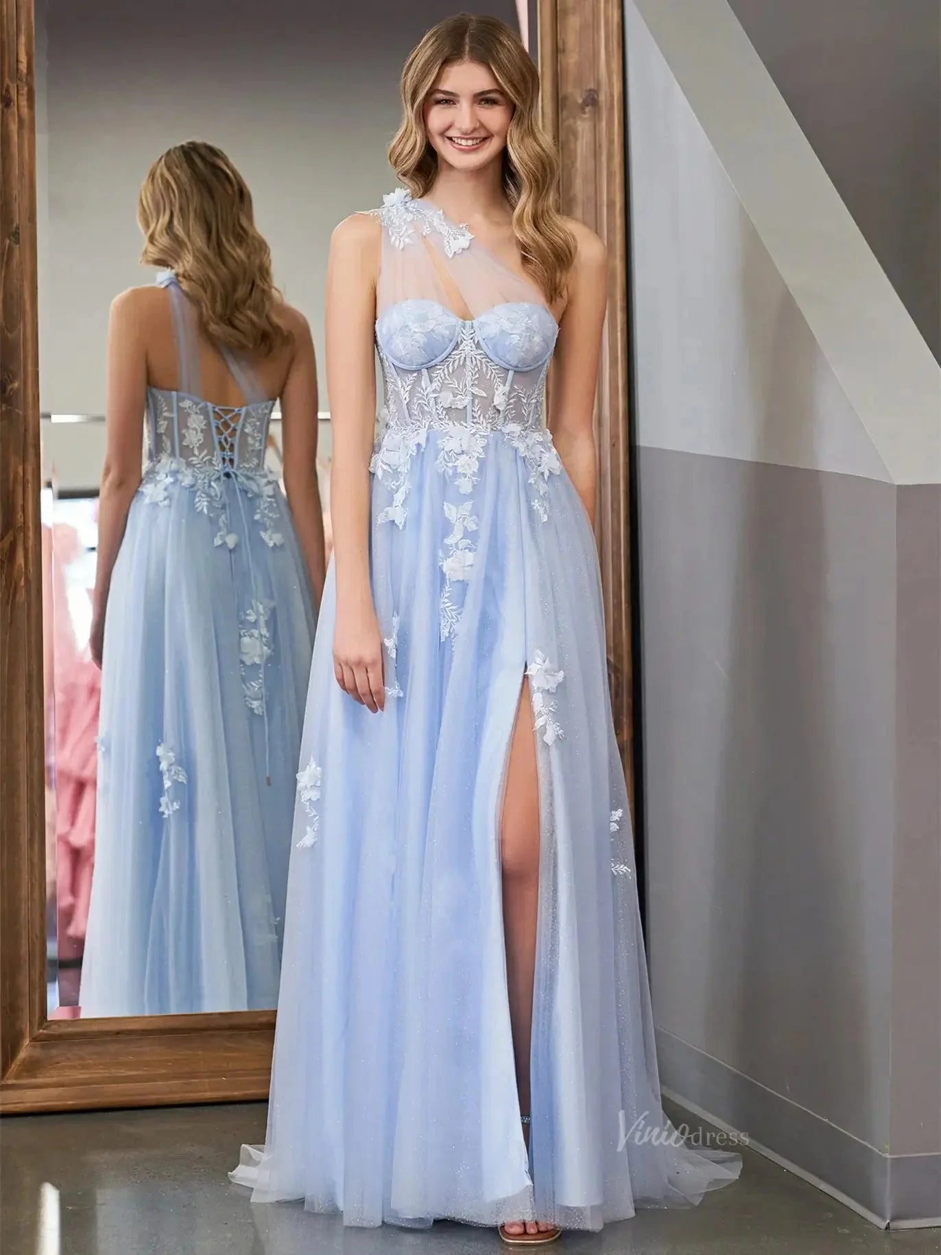 Elegant Tulle Lace Prom Dresses 2025 One Shoulder Formal Gown with Slit - FD5158C