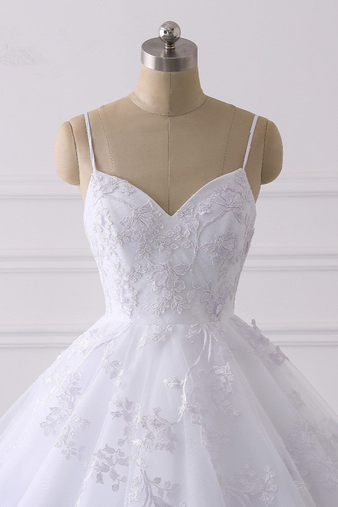 Elegant V-Neck Wedding Dress with Lace Appliques and Spaghetti-Straps