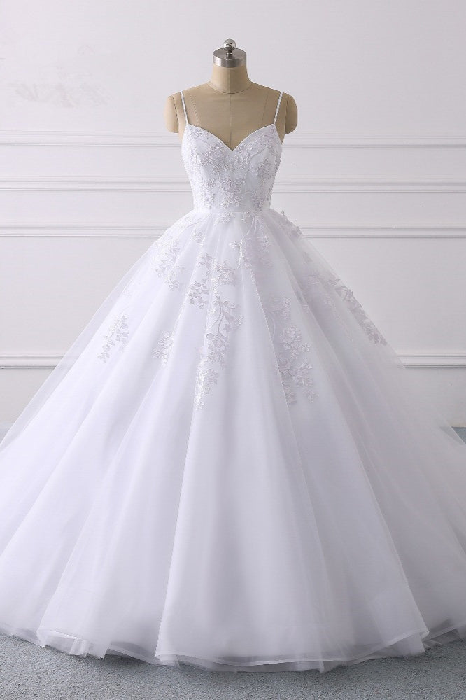 Elegant V-Neck Wedding Dress with Lace Appliques and Spaghetti-Straps