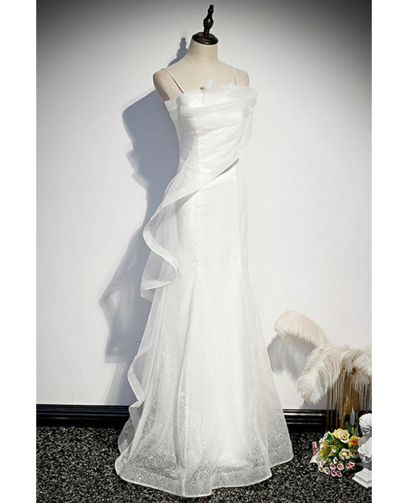 Sparkling white sleeveless off shoulder ball dress with white thin shoulder straps backless straps and floor length ruffled edge for evening dressing
