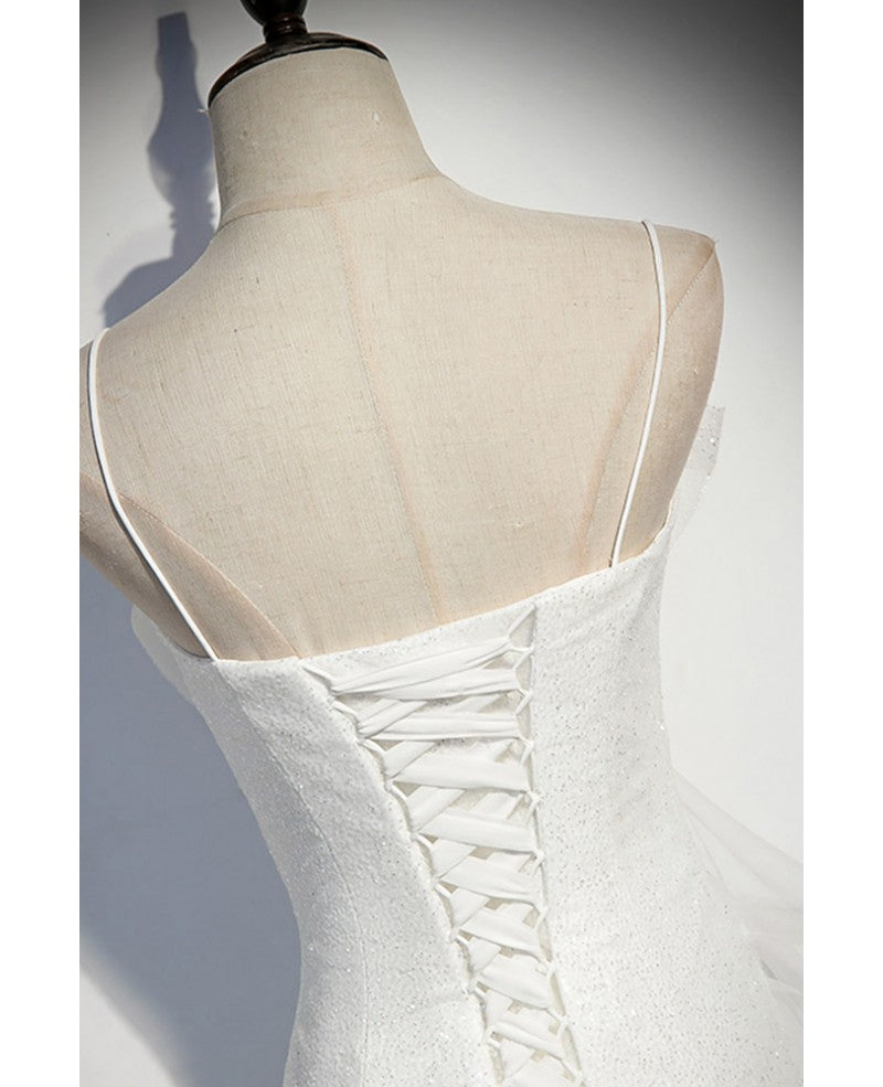 Sparkling white sleeveless off shoulder ball dress with white thin shoulder straps backless straps and floor length ruffled edge for evening dressing