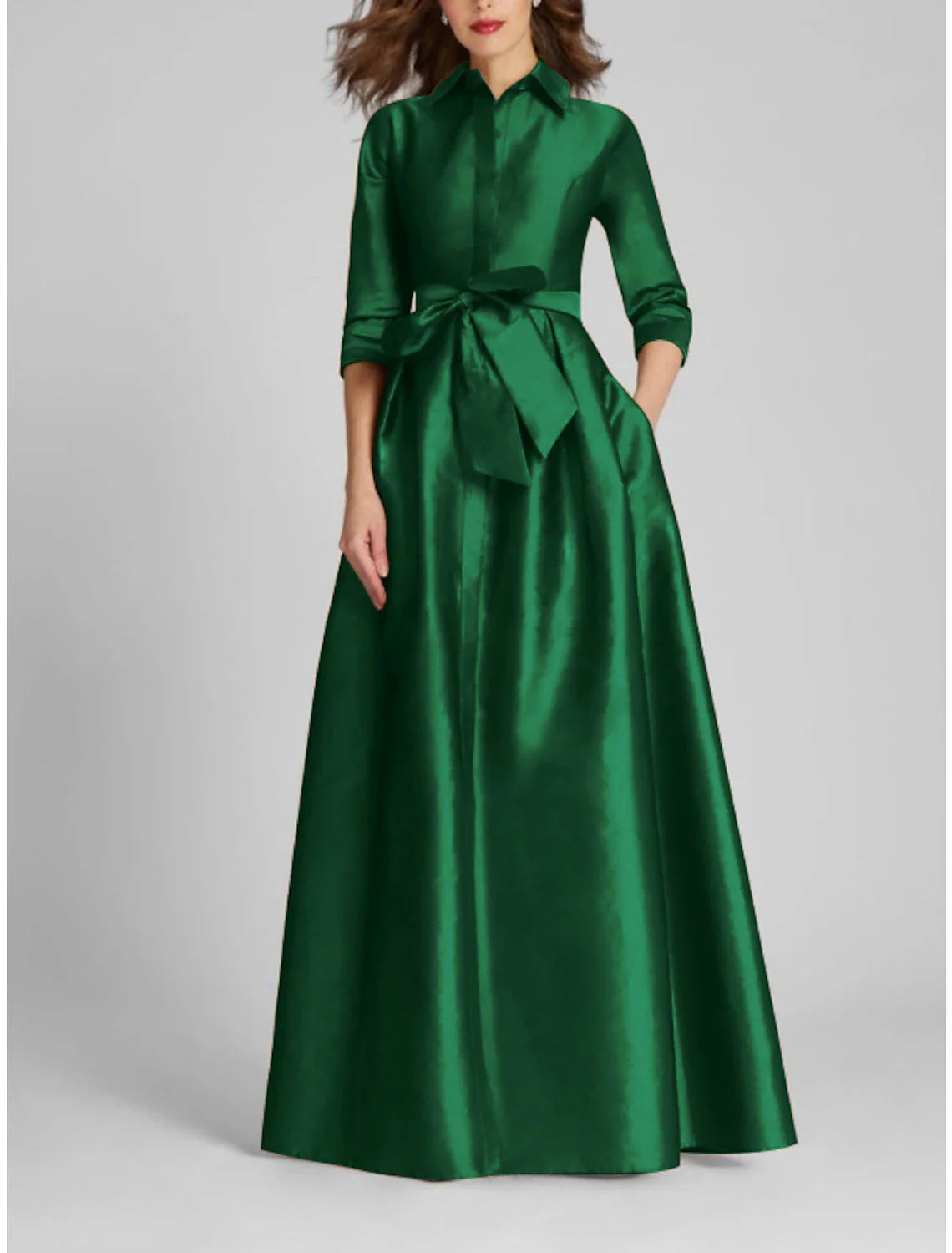 Satin A-Line Evening Gown Champagne Gold Minimalist Black Christmas Red Green Dress Dress Formal Fall Floor Length Half Sleeve Shirt Collar with Bow(s) Pleats 2025