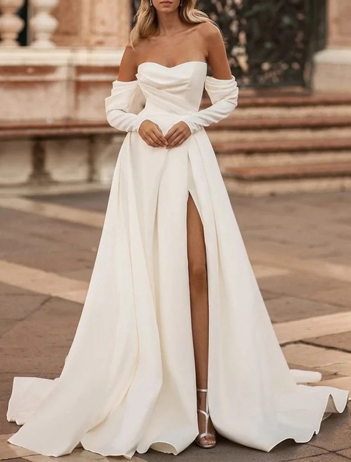 Aimishang Hall Simple Wedding Dresses A-Line Off Shoulder Long Sleeve Court Train Satin Bridal Gowns With Split Front Solid Color