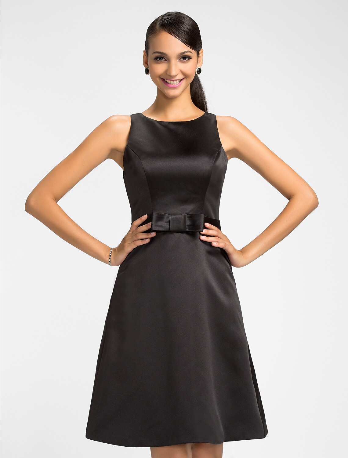 A-Line Jewel Neck Knee Length Satin Bridesmaid Dress with Bow(s) / Sash / Ribbon