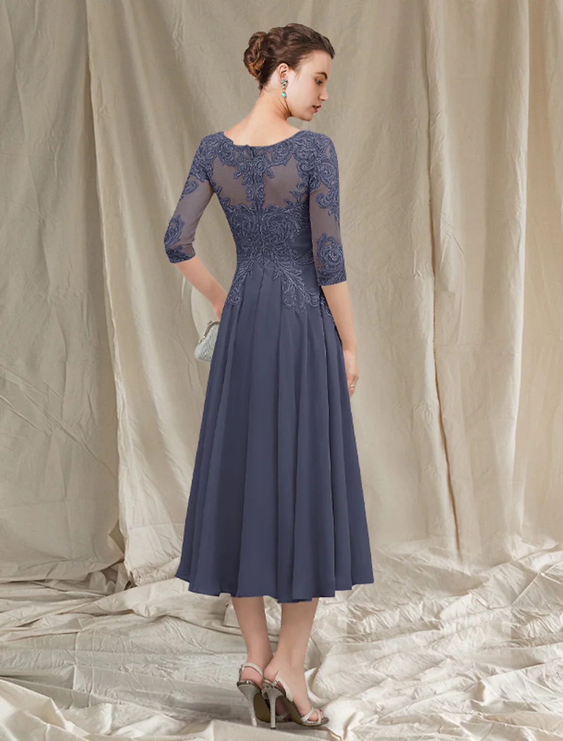 Aimishang  A-Line Mother of the Bride Dress Elegant Jewel Neck Tea Length Chiffon Lace Half Sleeve with Pleats Appliques