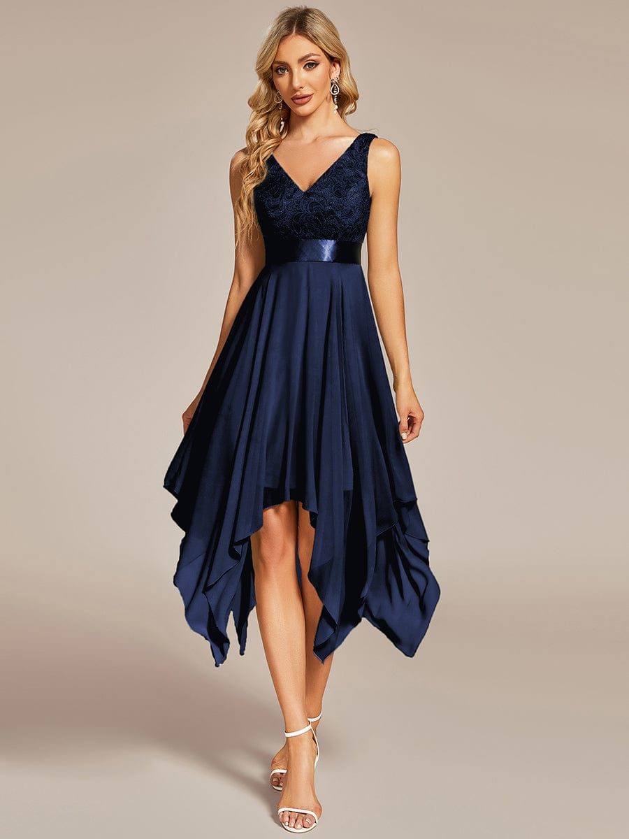 Weitese Deep V-Neck Lace Chiffon Bridesmaid Dress with Asymmetrical Hem