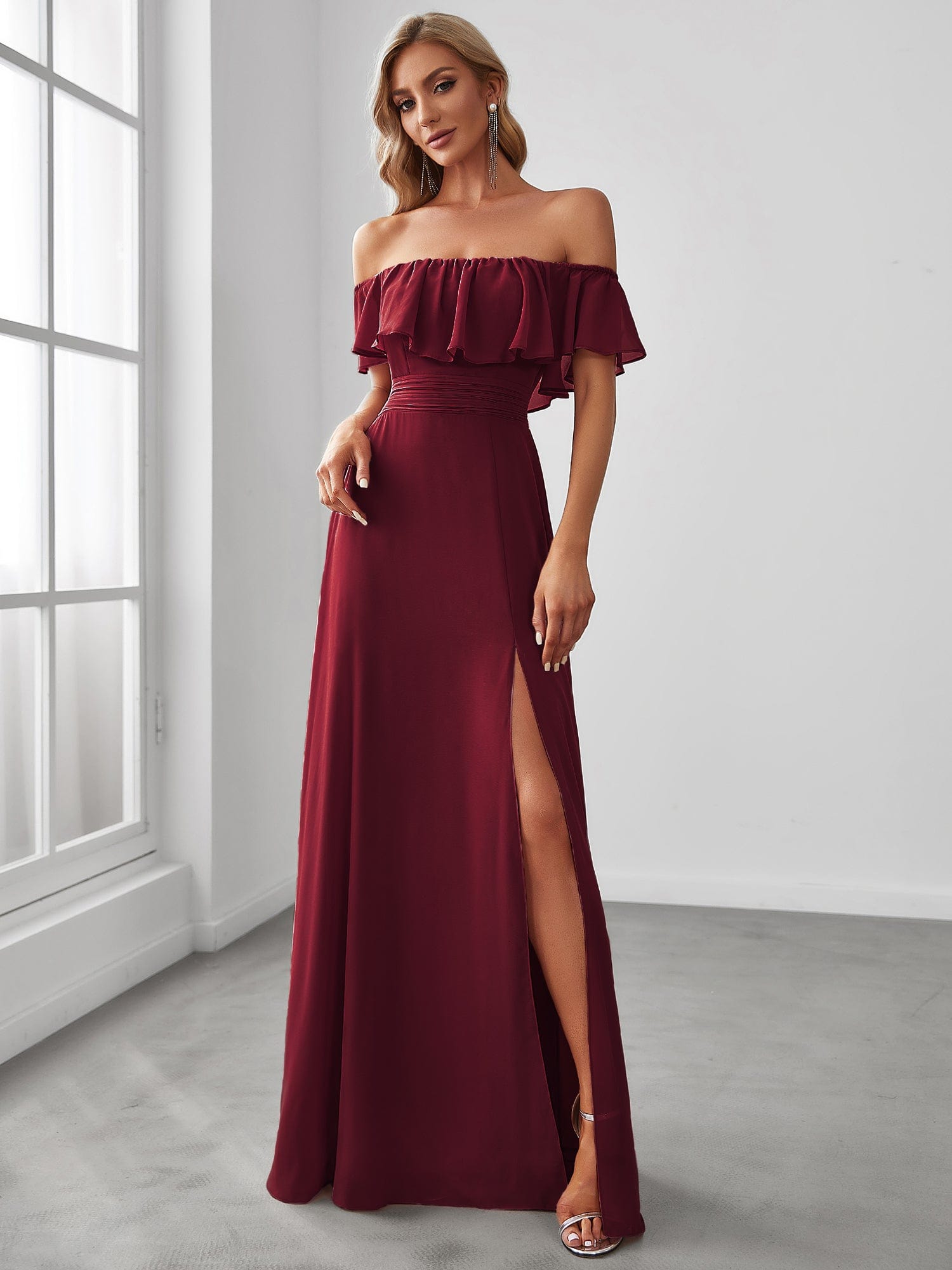 Weitese Women's Off Shoulder Ruffle Thigh Slit Bridesmaid Dresses