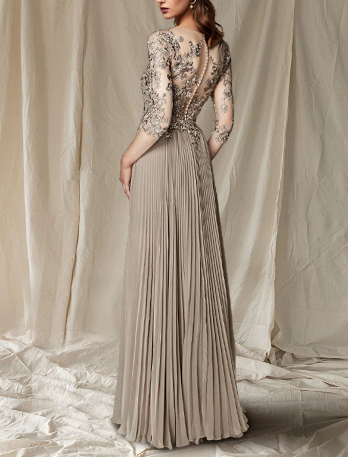 Aimishang A-Line Mother of the Bride Dress Wedding Guest Plus Size Elegant V Neck Floor Length Chiffon Lace Half Sleeve with Pleats Appliques