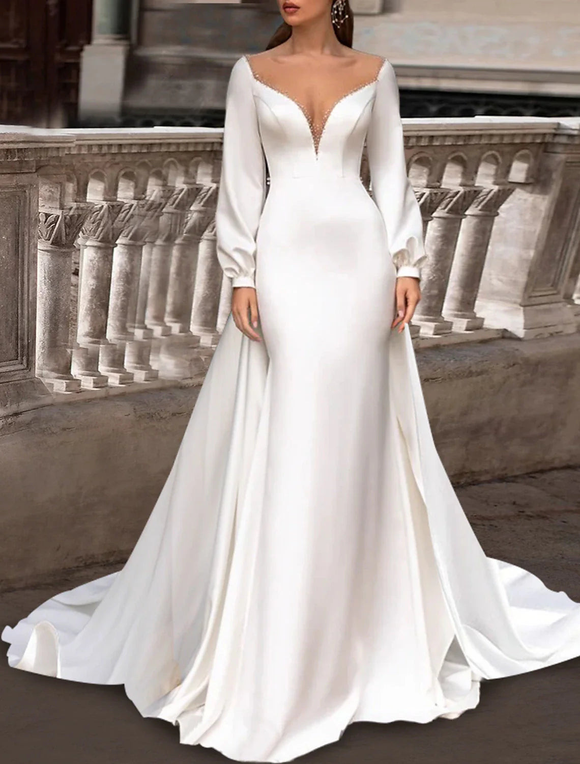 Aimishang Reception Formal Wedding Dresses Two Piece Illusion Neck Scoop Neck Long Sleeve Sweep / Brush Train Satin Bridal Gowns With Solid Color
