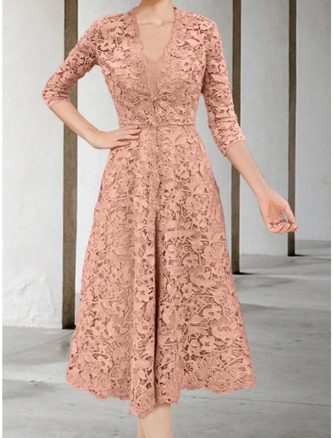 Aimishang  A-Line Mother of the Bride Dress Wedding Guest Elegant Petite V Neck Tea Length Chiffon 3/4 Length Sleeve with Ruching Solid Color