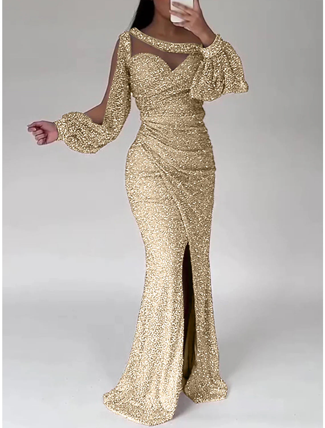 Mermaid Dress Evening Gown Champagne Gown Sparkle Sequin Dress Formal Floor Length Long Sleeve Scoop Neck with Ruched Slit