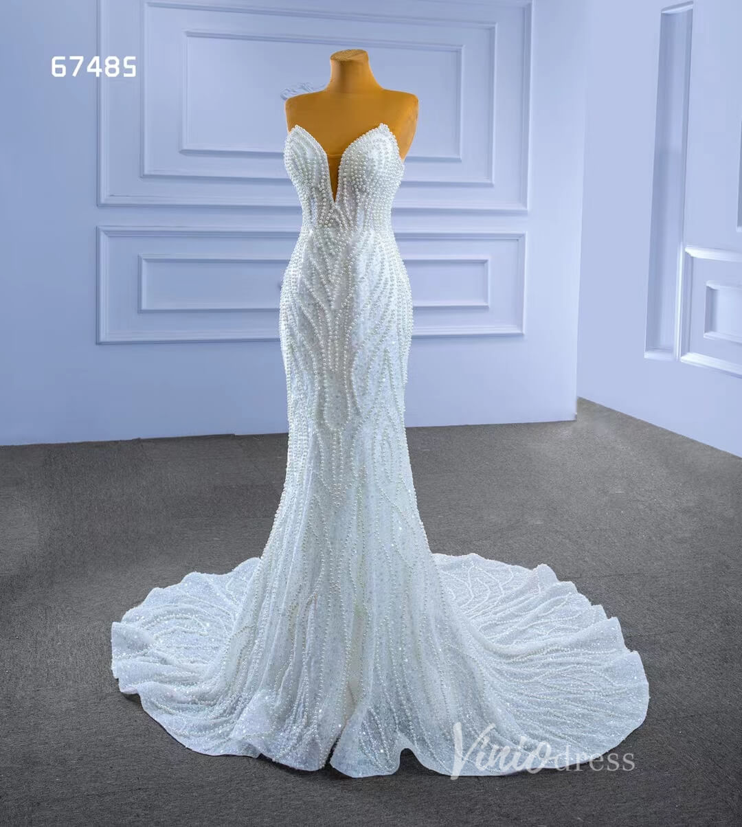Luxury Pearl Beaded Mermaid Wedding Dresses Vintage 20s Bridal Gown 67485