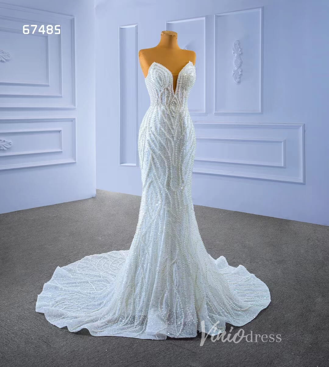Luxury Pearl Beaded Mermaid Wedding Dresses Vintage 20s Bridal Gown 67485