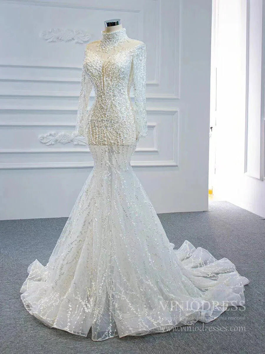 Sexy See Through Mermaid Wedding Dresses with Long Sleeves 67140