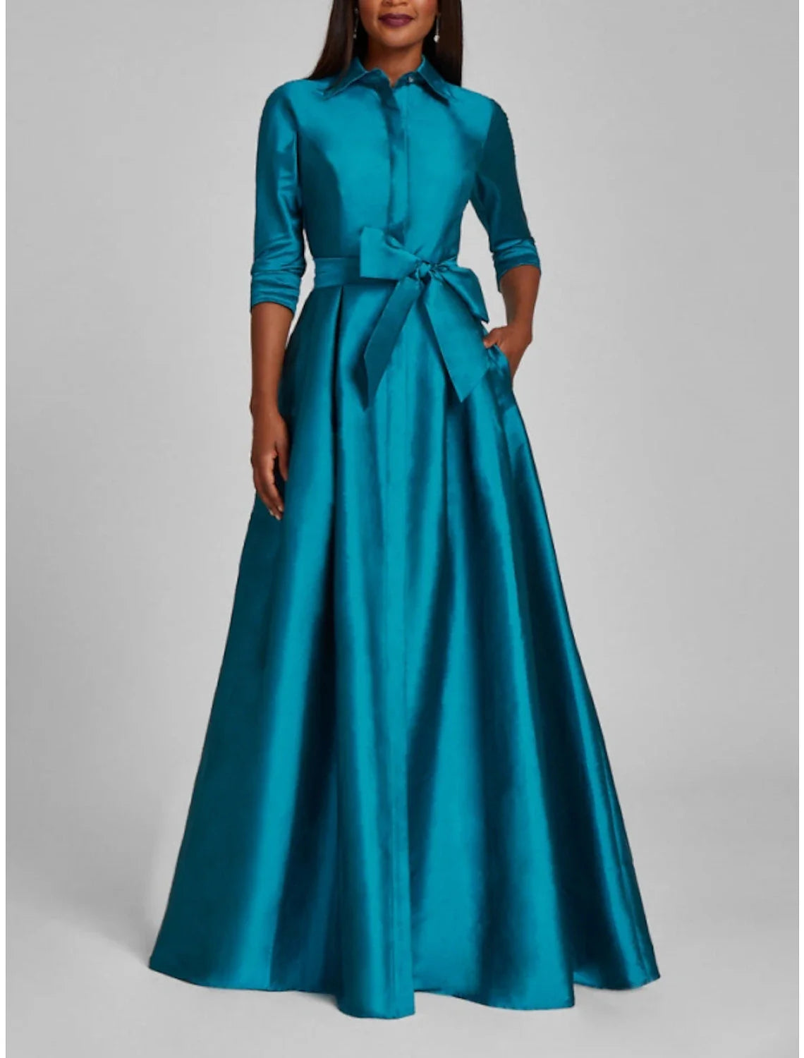 Satin A-Line Evening Gown Champagne Gold Minimalist Black Christmas Red Green Dress Dress Formal Fall Floor Length Half Sleeve Shirt Collar with Bow(s) Pleats 2025