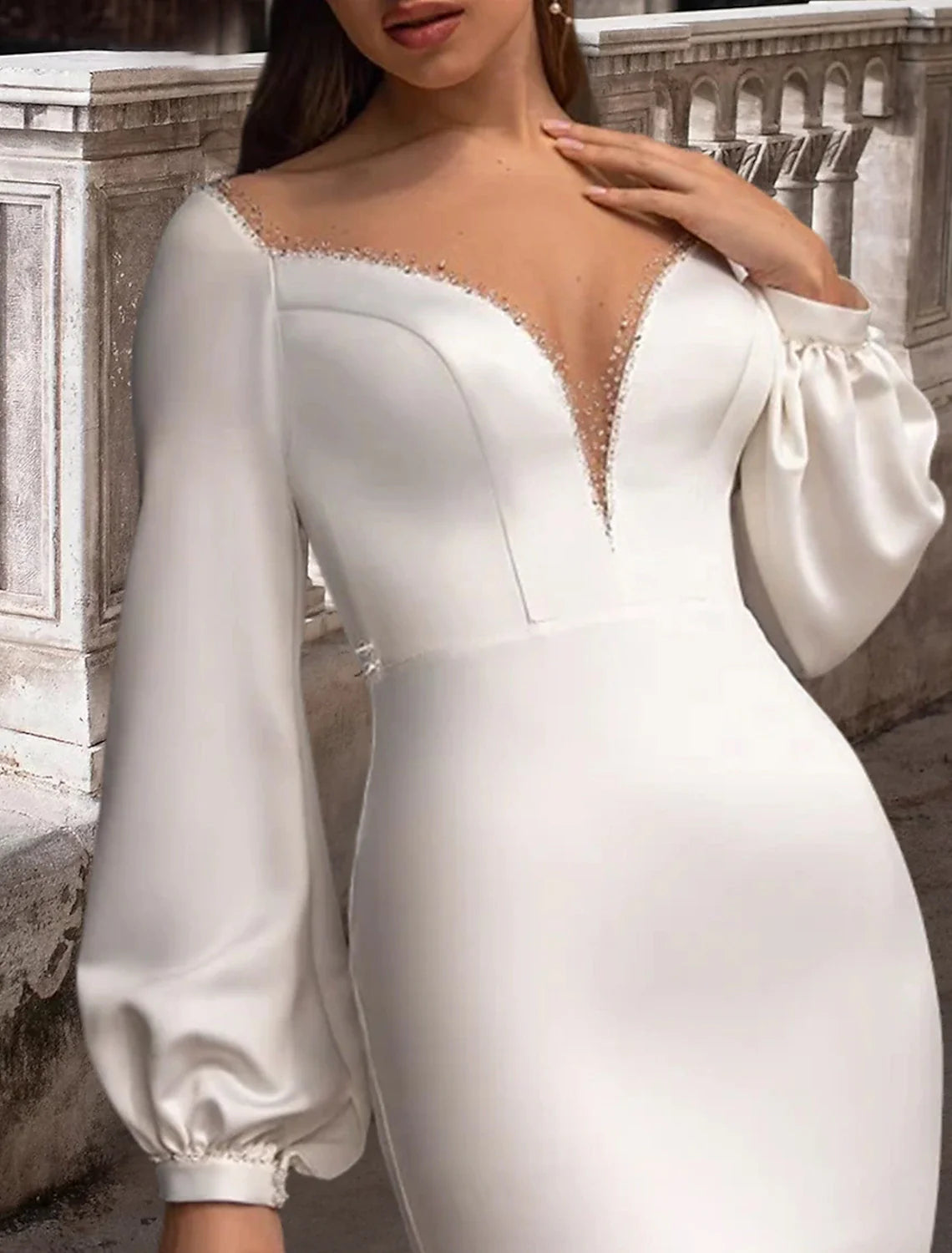 Aimishang Reception Formal Wedding Dresses Two Piece Illusion Neck Scoop Neck Long Sleeve Sweep / Brush Train Satin Bridal Gowns With Solid Color