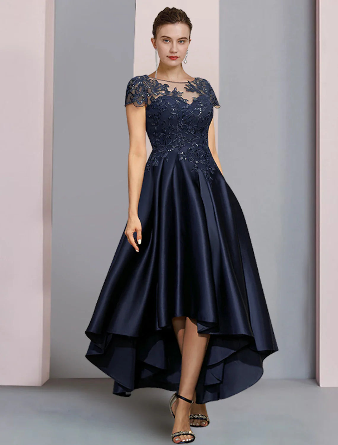 A-Line Mother of the Bride Dress Formal Wedding Guest Party Elegant High Low Scoop Neck Asymmetrical Tea Length Satin Lace Half Sleeve with Sequin Appliques