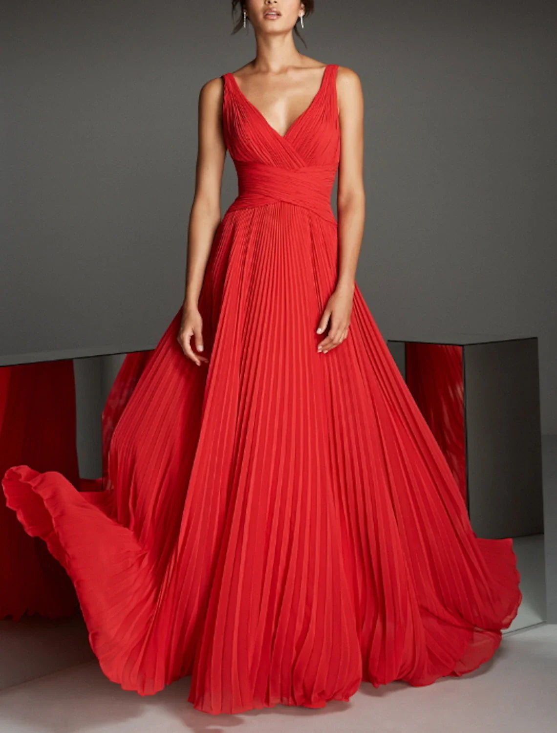 Aimishang A-Line Empire Red Green Dress Formal Evening Dress V Neck Sleeveless Floor Length Chiffon with Pleats