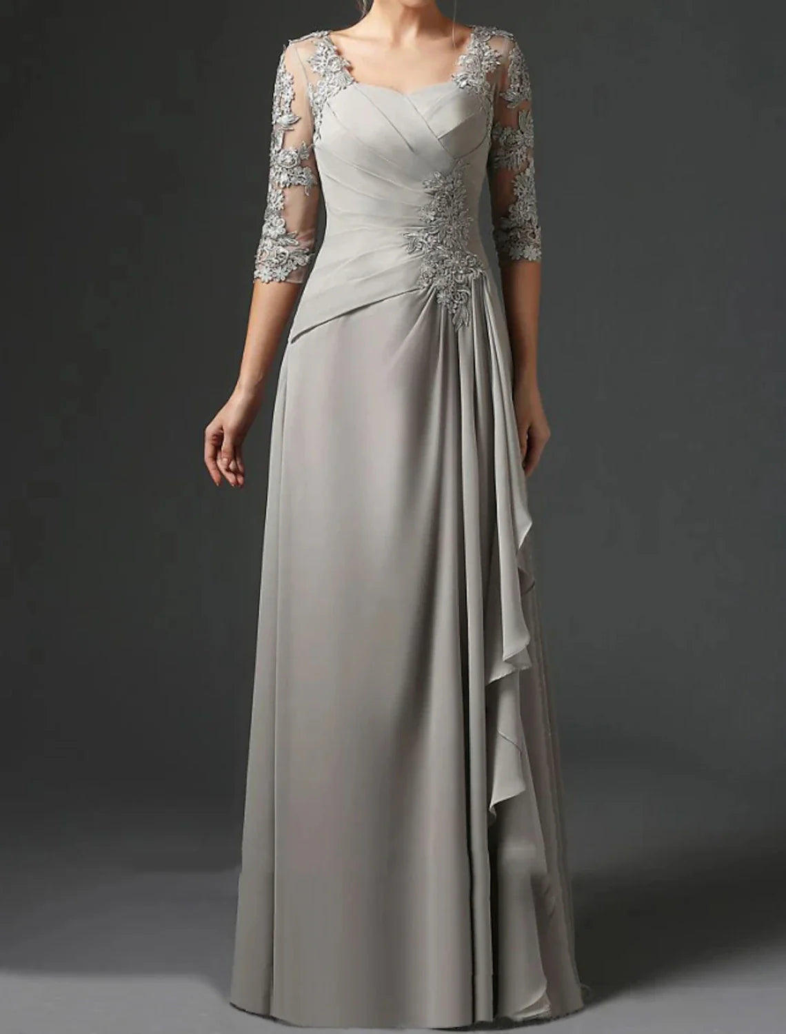 Sheath / Column Mother of the Bride Dress Wedding Guest Elegant Square Neck Floor Length Chiffon Lace Half Sleeve with Ruching