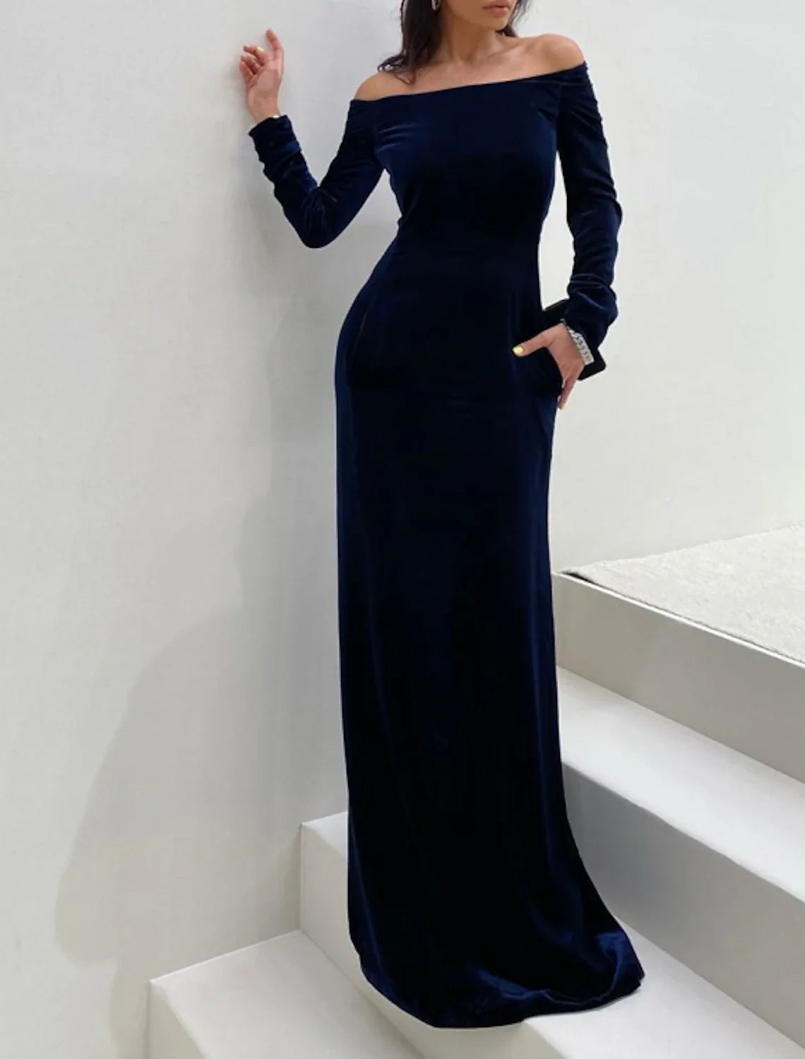 Aimishang Sheath / Column Evening Gown Elegant Dress Formal Evening Floor Length Long Sleeve Off Shoulder Fall Wedding Guest Velvet with Sleek