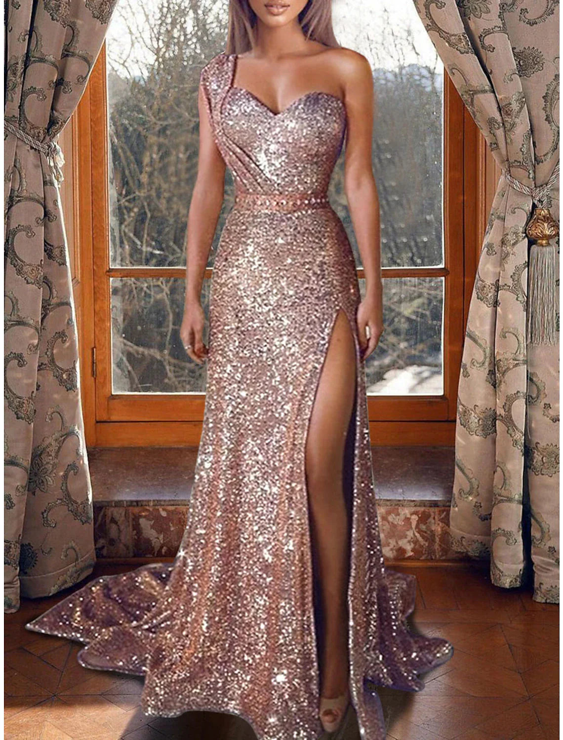 Mermaid Dress Evening Dresses Christmas Red Green Dress Sparkle & Shine Dress Prom Formal Evening Court Train One Shoulder Sleeveless Sequined with Sequin Slit 2025
