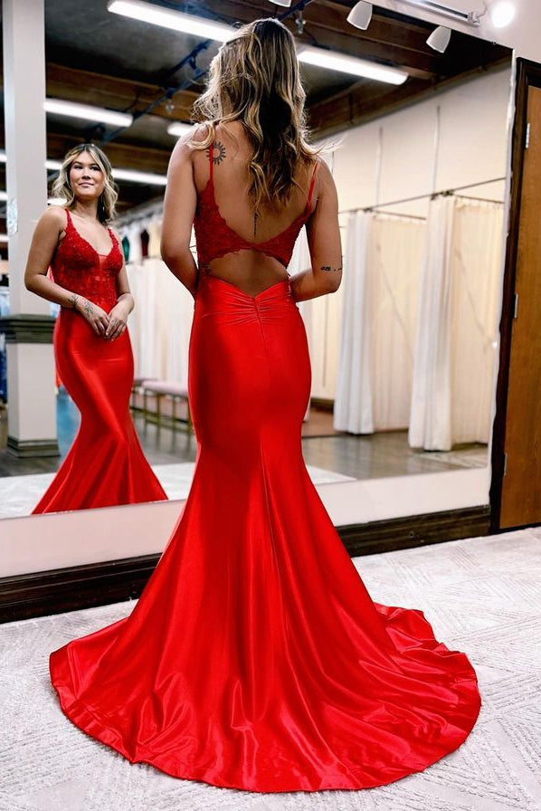 2024 Sexy Satin Prom Dresses Long with Lace Top and Open Back