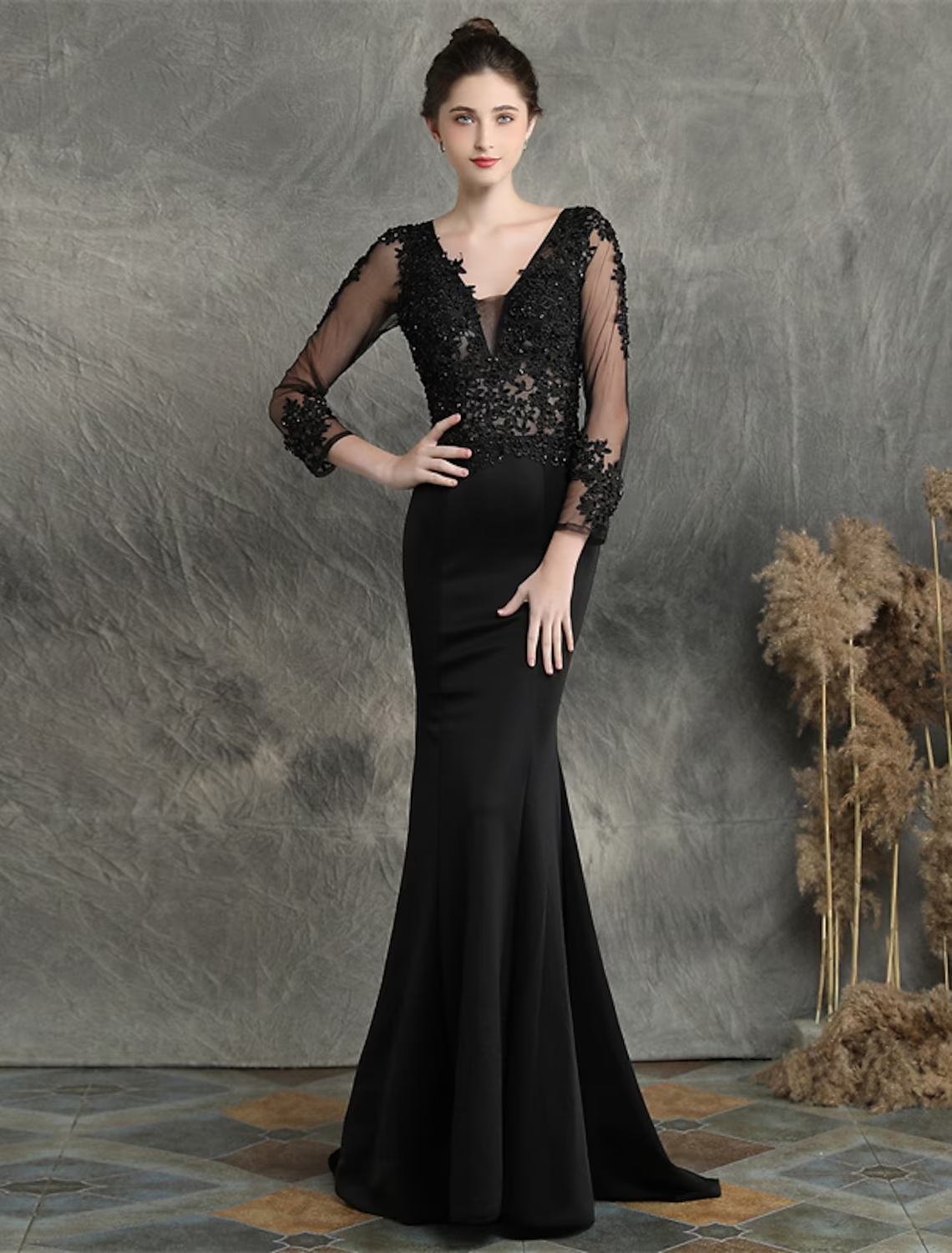 Prom Dresses Elegant Dress Formal Long Sleeve V Neck Cotton Blend with Beading Appliques