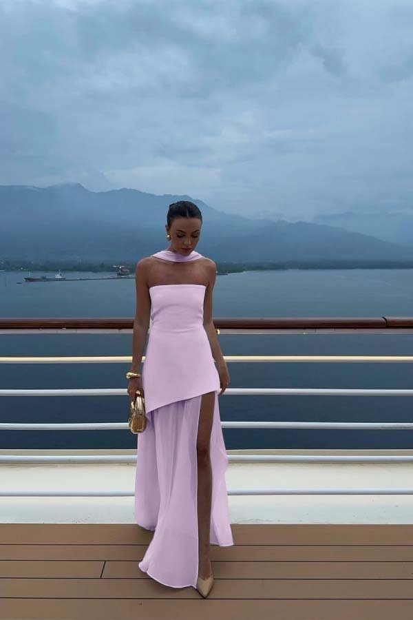 White Strapless Satin Chiffon Split Holiday Summer Prom Dress