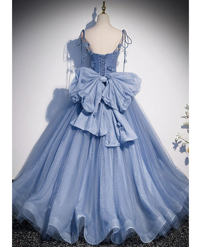 Unique and elegant sky blue decal thin shoulder strap off the shoulder ball dress sky blue A-shaped/princess bow sleeveless backless lace up and floor length style