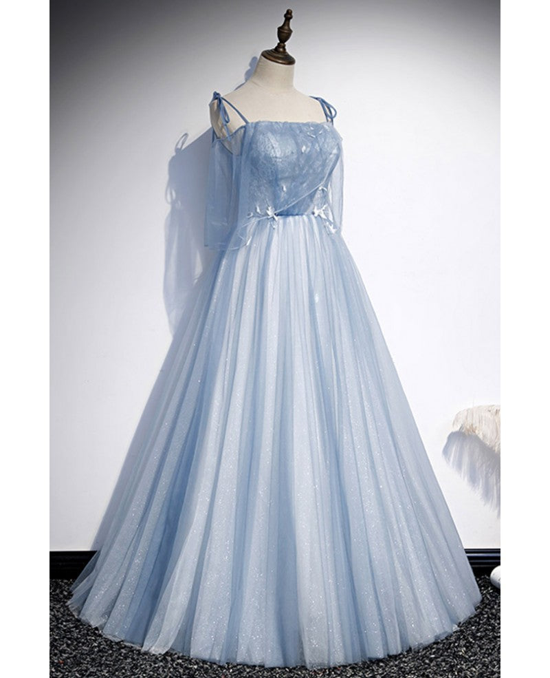 Sweet Sky Blue Thin Shoulder Strap Sleeveless Applique Lace Bead Dress Dress with Sky Blue A-line Glittering Thin Gauze Open Back Strap Long Ruffle Edge Evening Dress