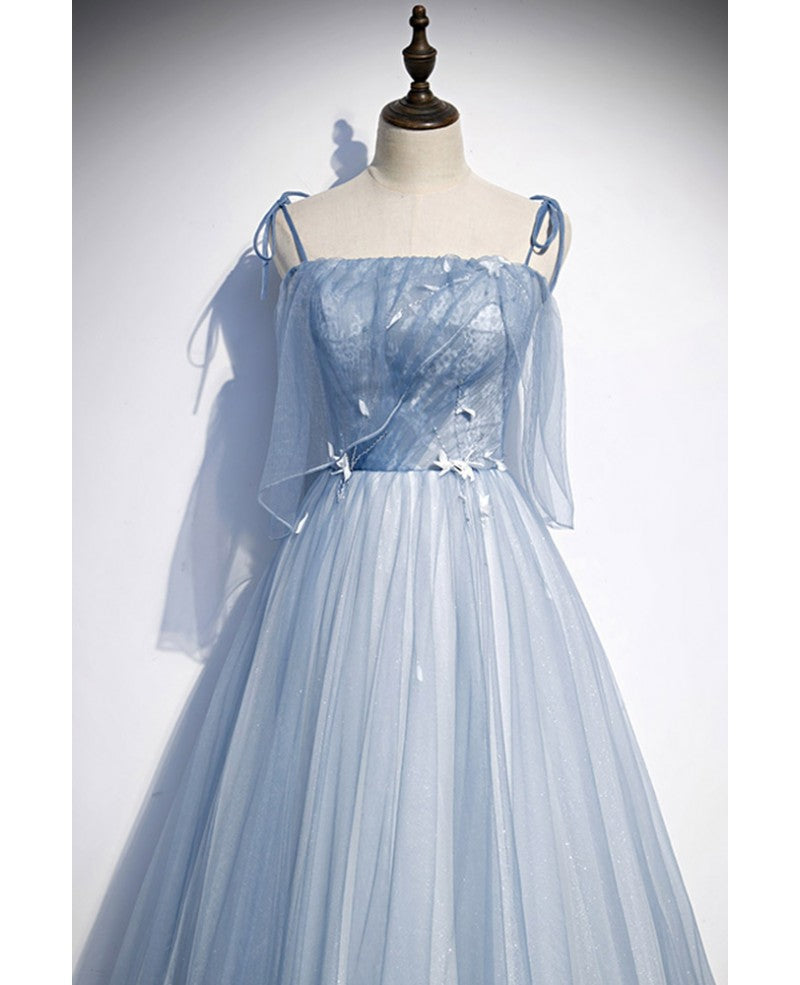 Sweet Sky Blue Thin Shoulder Strap Sleeveless Applique Lace Bead Dress Dress with Sky Blue A-line Glittering Thin Gauze Open Back Strap Long Ruffle Edge Evening Dress