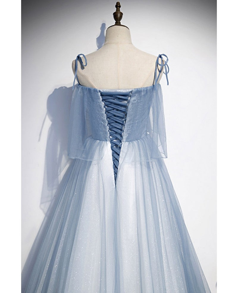 Sweet Sky Blue Thin Shoulder Strap Sleeveless Applique Lace Bead Dress Dress with Sky Blue A-line Glittering Thin Gauze Open Back Strap Long Ruffle Edge Evening Dress