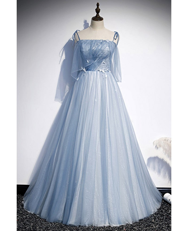 Sweet Sky Blue Thin Shoulder Strap Sleeveless Applique Lace Bead Dress Dress with Sky Blue A-line Glittering Thin Gauze Open Back Strap Long Ruffle Edge Evening Dress
