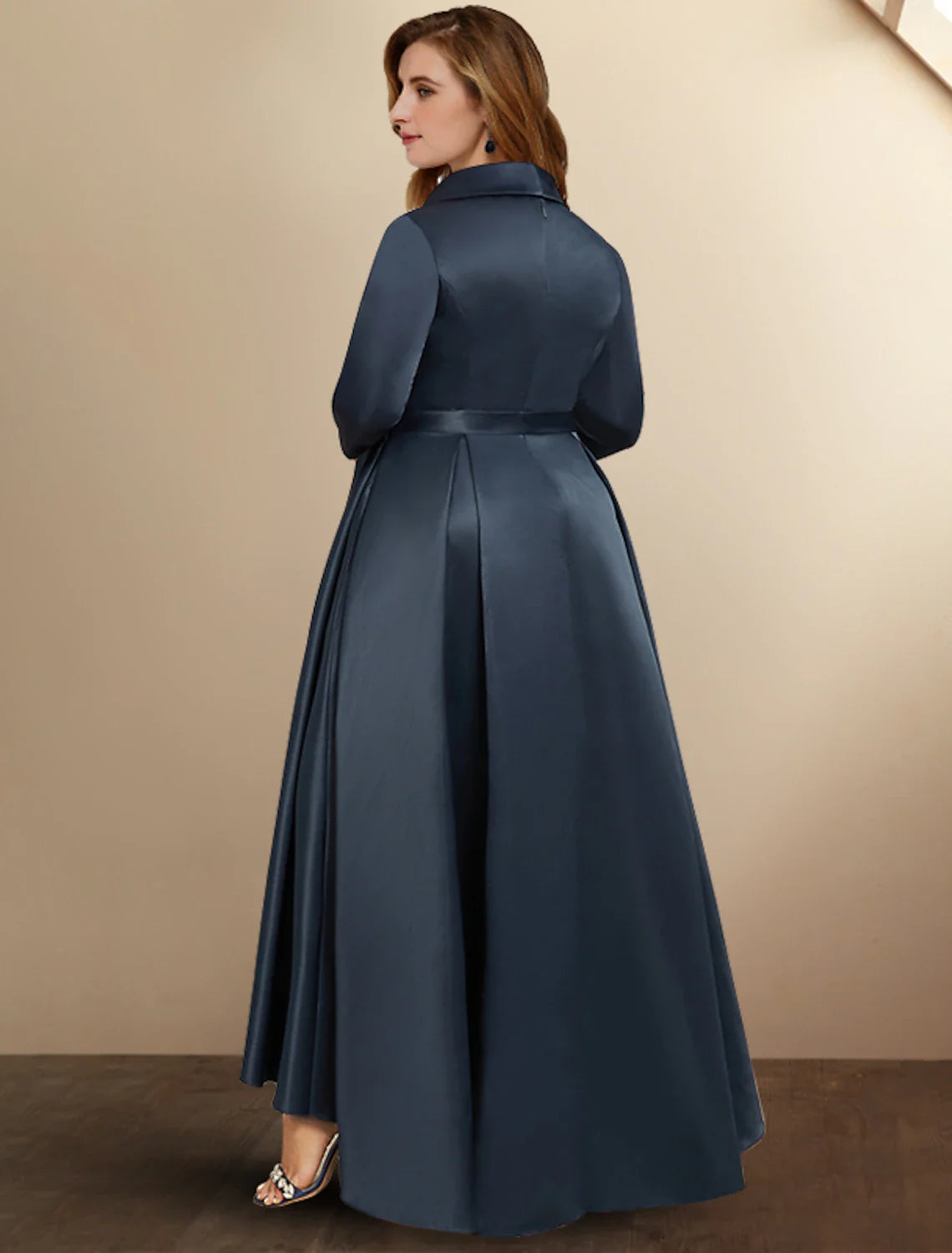 Aimishang A-Line Mother of the Bride Dresses Plus Size Hide Belly Curve High Low Dress Formal Asymmetrical 3/4 Length Sleeve Shirt Collar Satin with Bow(s) Pleats