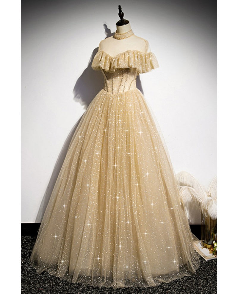 Sparkling Champagne Perspective High Neck Beaded Short sleeved Ball Dress Champagne A-line/Princess Sparkling sheer backless strap and floor length ruffled edge evening dress
