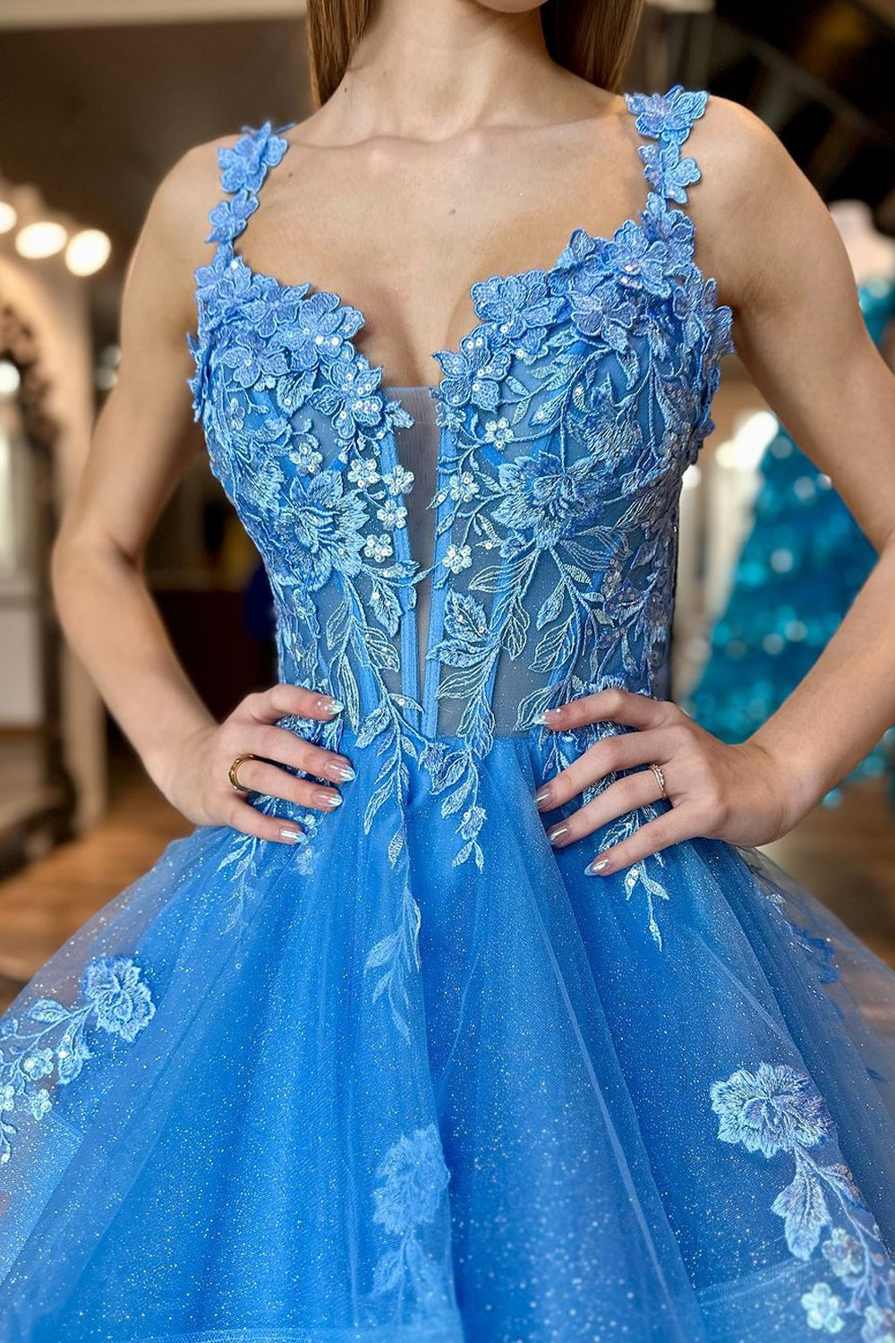 Blue Sparkly Ruffled Tulle V Neck Prom Dresses
