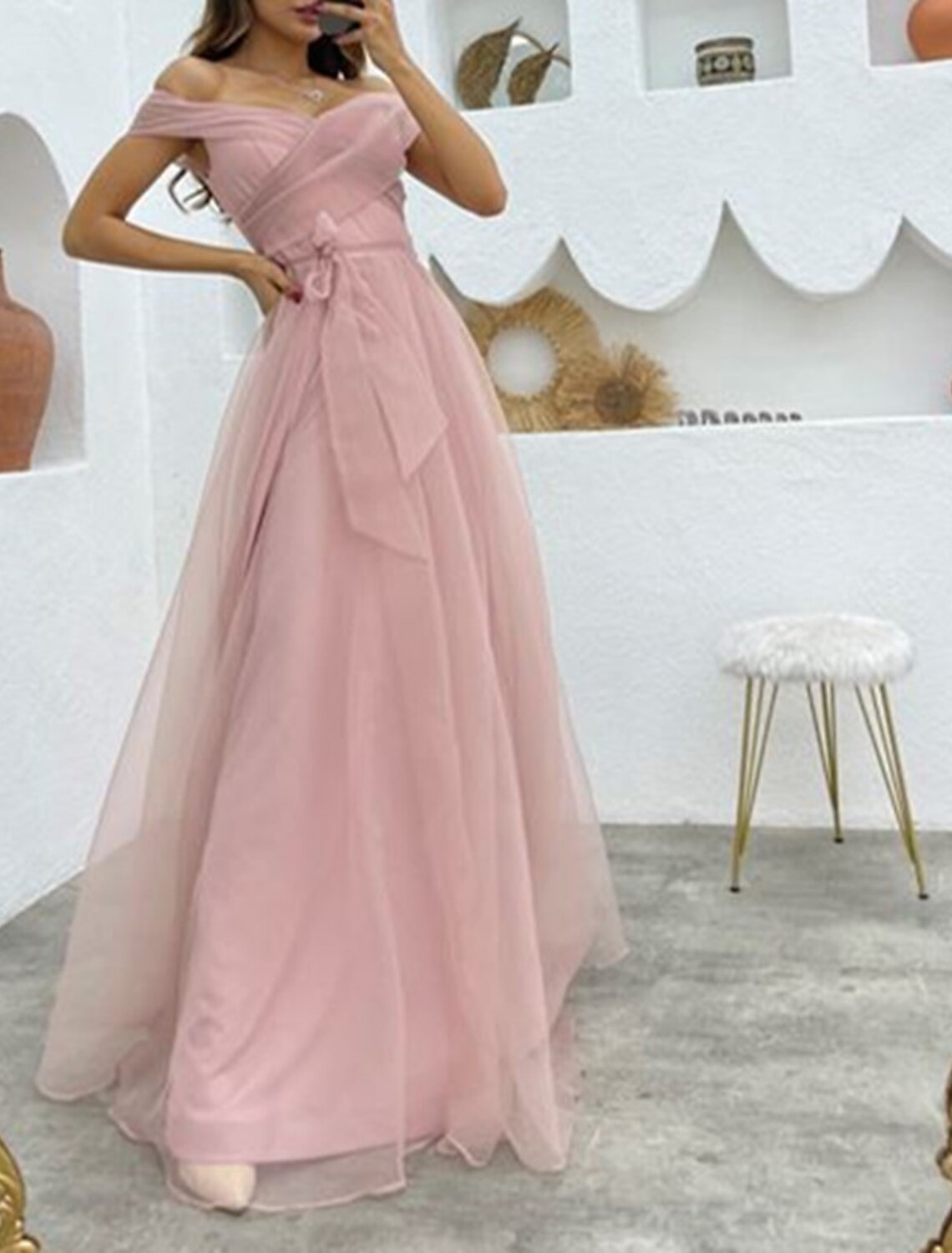 A-Line Evening Gown 1950s Dress Formal Wedding Reception Floor Length Sleeveless Off Shoulder Organza with Strappy