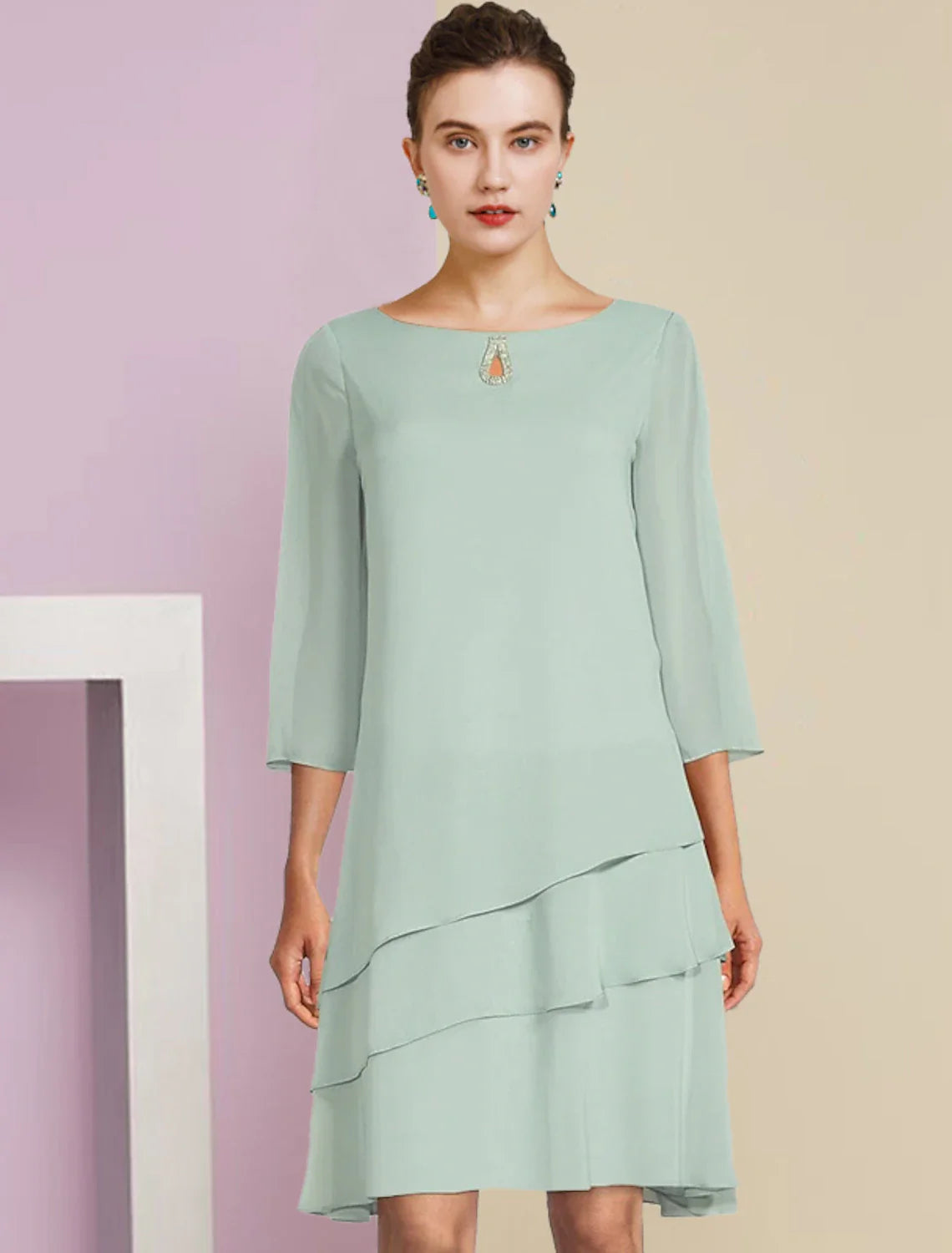Aimishang  Two Piece A-Line Mother of the Bride Dress Formal Wedding Guest Elegant Scoop Neck Knee Length Chiffon 3/4 Length Sleeve with Tier