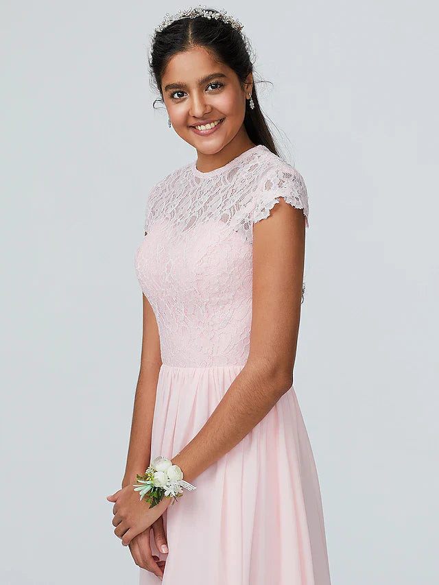 A-Line Bridesmaid Dress Jewel Neck Sleeveless Elegant Floor Length Chiffon with Lace 2022 / Sparkle & Shine